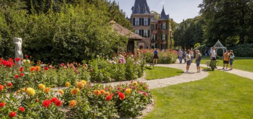 The Keukenhof Estate and Castle offer visitors a glimpse into Dutch history and natural beauty. The castle, surrounded by lush greenery and colorful flower beds, stands as a symbol of grandeur and elegance. Visitors wander through the picturesque gardens, admiring the meticulously manicured landscapes and vibrant floral displays. This enchanting scene captures the essence of the Keukenhof Estate and Castle, inviting guests to explore its rich heritage and scenic beauty.